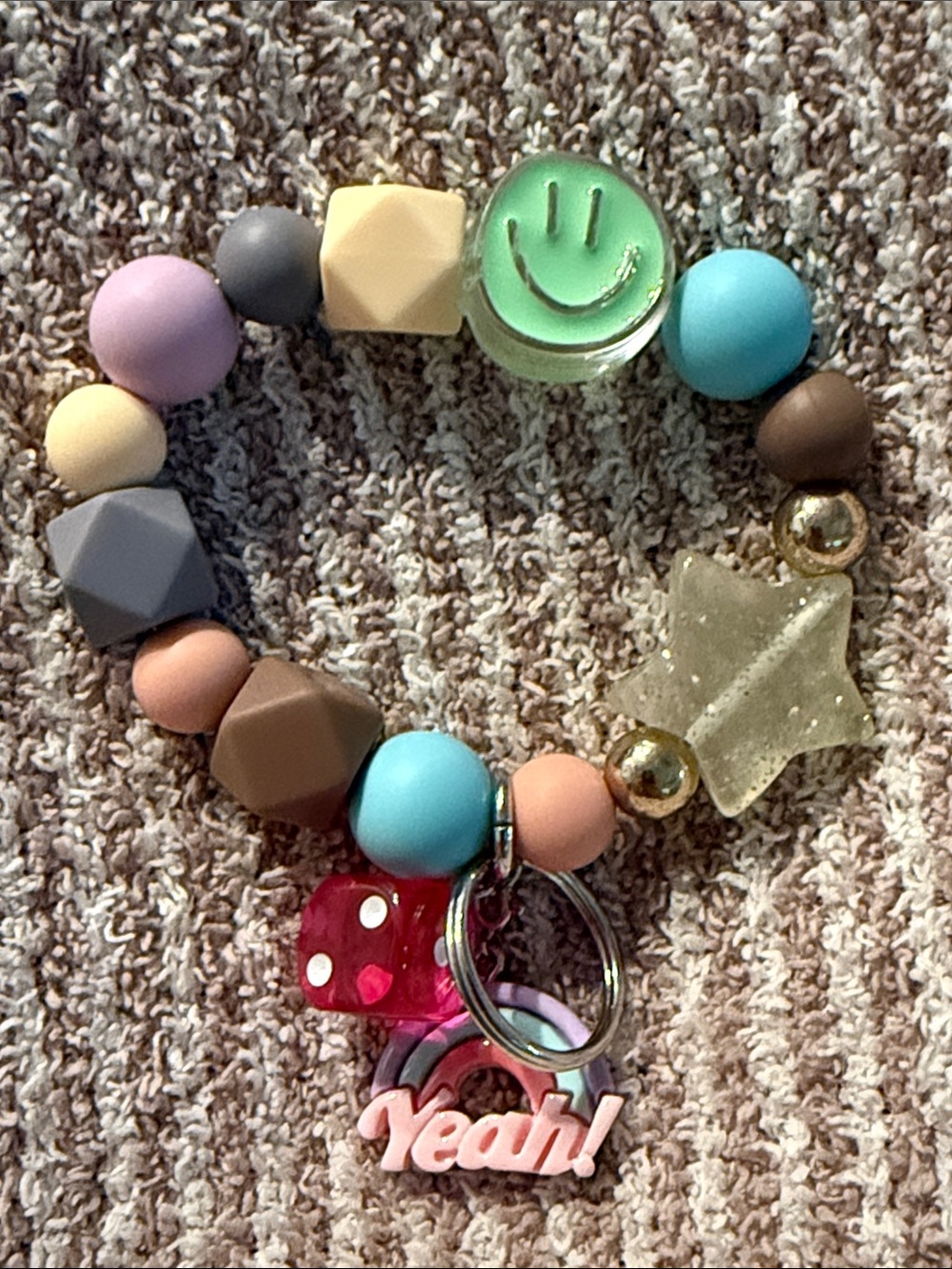 Multicolor Beaded Charm Bracelet Keyring - Pink, Blue, Brown